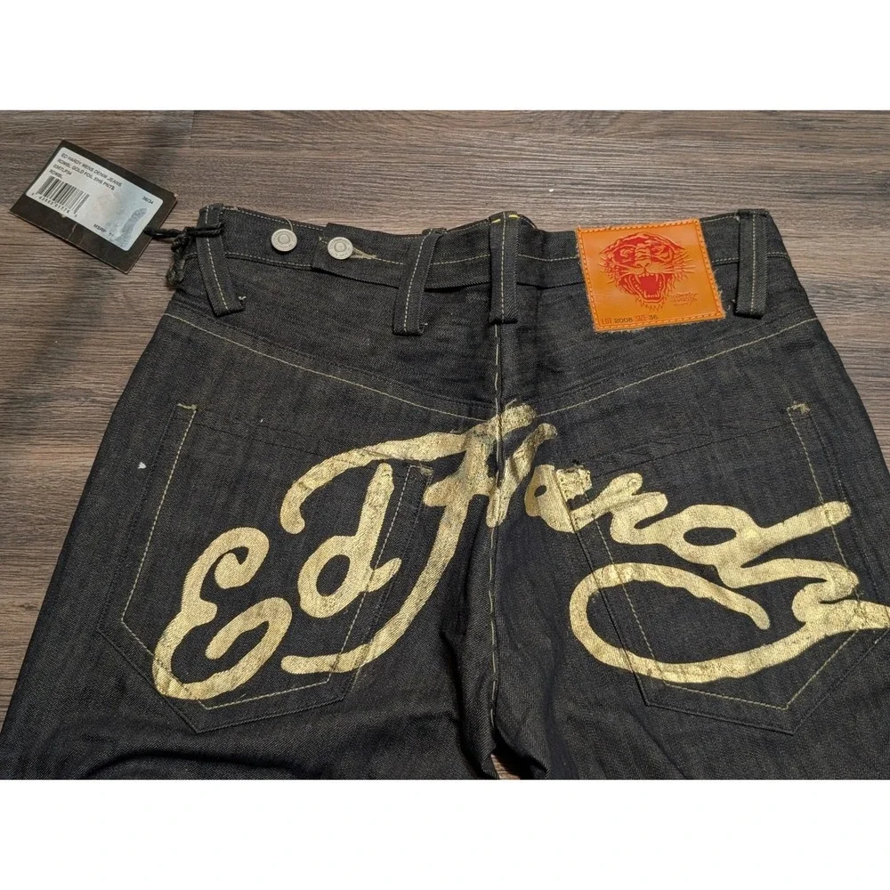 Ed Hardy Mens Gold Foil Logo Wide Leg Denim Jeans Dark Wash‎ 36x34 NWT Lot 2008